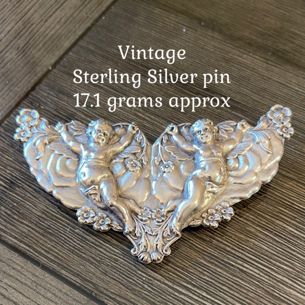 Sterling Silver Art Nouveau Cherub Brooch Double Cupids Angels Repousse Style